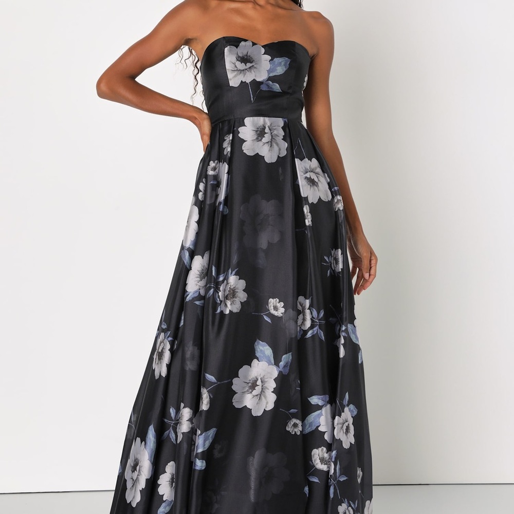 LULUS Regal Status Black Floral Print Strapless Maxi Dress (WORN ONCE)